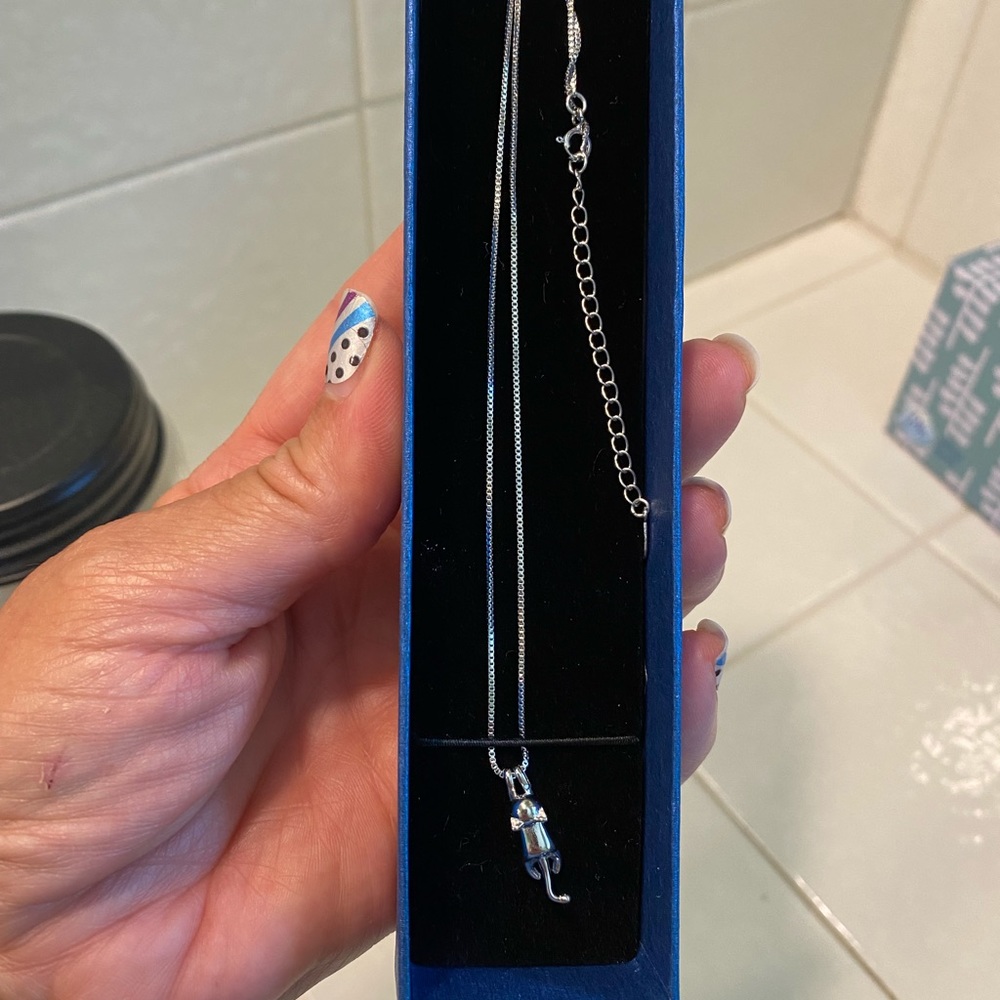 Silver cat necklace in gift box.